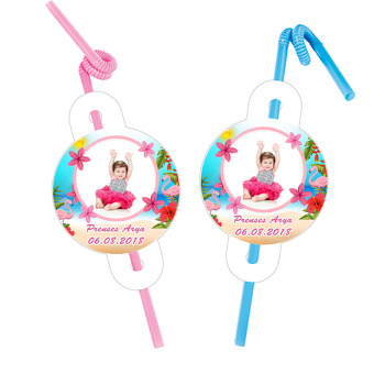Flamingo Pembe Çiçekli Temalı Resimli Pipet ve Kartı