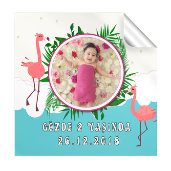 Flamingo Yeşil Temalı Doğum Günü Kare Etiket