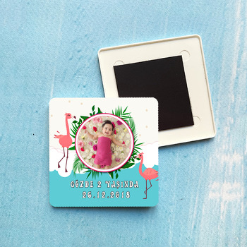 Flamingo Yeşil Temalı Doğum Günü Kare Plastik Kare Magnet