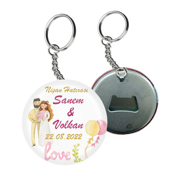 Gelin Damat ile Pembe Sarı Balonlar Temalı Arkası Açacak Anahtarlık