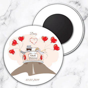 Gelin Damat Kalpli Balon Temalı Söz Nişan Nikah Daire Plastik Magnet