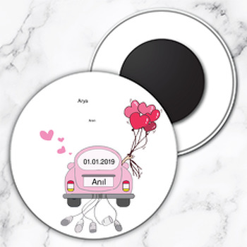 Gelin Damat Pembe Arabalı Temalı Söz Nişan Nikah Daire Plastik Magnet