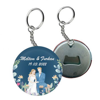 Gelin ile Damat Lacivert Fon Temalı Arkası Açacak Anahtarlık