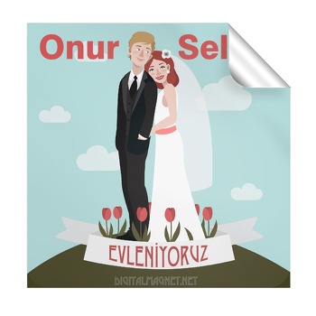 Gelin ve Damat Gül Desenli Evleniyoruz Temalı Kare Etiket