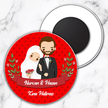 Gelin ve Damat Kırmızı Puantiyeli Fon Temalı Daire Plastik Magnet