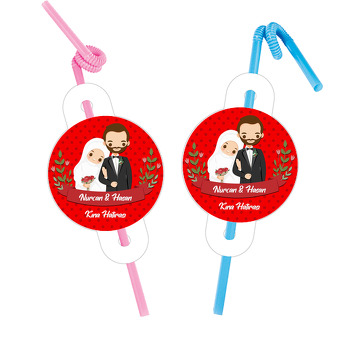 Gelin ve Damat Kırmızı Puantiyeli Fon Temalı Pipet ve Kartı