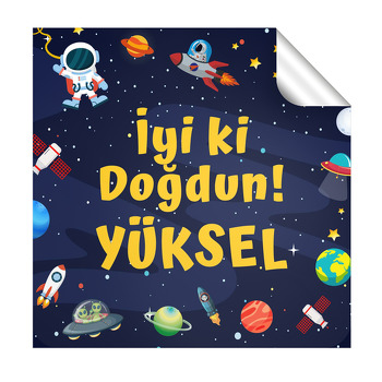 Gezegenler ile Sevimli Astronot Temalı Kare Parti Etiket
