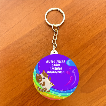 Gökkuşağı Ve Kedi Temalı Daire Plastik Anahtarlık