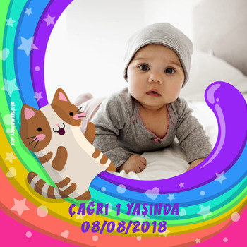Gökkuşağı Ve Kedi Temalı Doğum Günü   Kare Parti Afiş