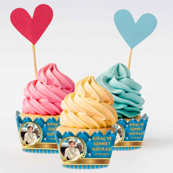 Gold Başak Dalı Çerçeve ile Mavi Pırlanta Fon Temalı Cupcake Sargısı