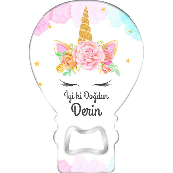 Gold Boynuzlu Gül Taçlı Unicorn Temalı Balon Ahşap Magnet 