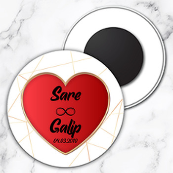 Gold Kalp Çerçeve ile Geometrik Çizgili Beyaz Fon Temalı Daire Plastik Magnet