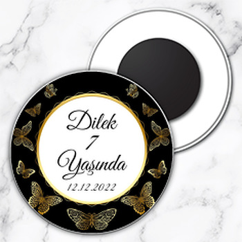 Gold Kelebekler ile Siyah Fon Temalı Daire Plastik Magnet