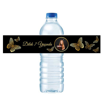 Gold Kelebekler ile Siyah Fon Temalı Su Şişesi Etiketi