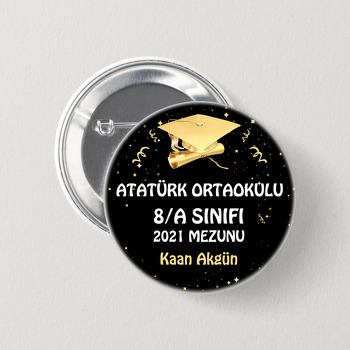 Gold Kep ile Konfetiler Siyah Fon Temalı İğneli Buton Rozet