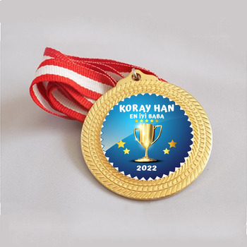Gold Kupa ile Yıldızlar Mavi Zigzag Desen Temalı Metal Madalya