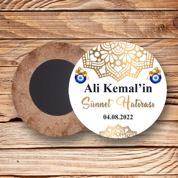 Gold Mandala ile Beyaz Fonda Sünnet Temalı Daire Ahşap Magnet