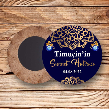 Gold Mandala ile Lacivert Fonda Sünnet Temalı Daire Ahşap Magnet