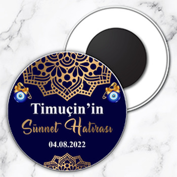 Gold Mandala ile Lacivert Fonda Sünnet Temalı Daire Plastik Magnet