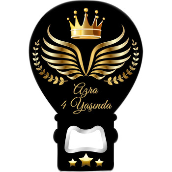 Gold Melek Kanatları ile Defne Yaprağı Siyah Fon Temalı Balon Ahşap Magnet 