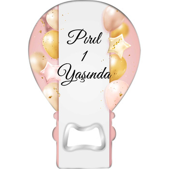 Gold Metalik Balonlar Beyaz Şerit ile Pembe Fonda Temalı Balon Ahşap Magnet 