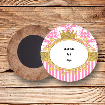 Gold Pink Damask Temalı Ahşap Daire Magnet