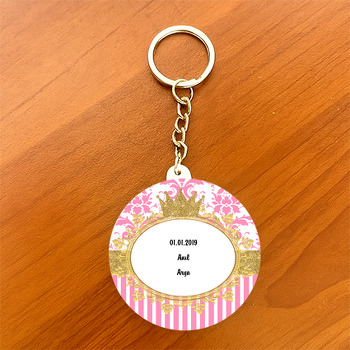 Gold Pink Damask Temalı Daire Plastik Anahtarlık