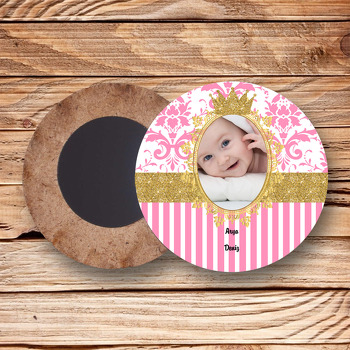 Gold Pink Damask Temalı Resimli Ahşap Daire Magnet