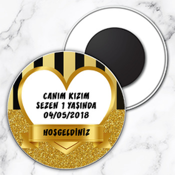 Gold Simli Kalp Çerçeve Temalı Daire Plastik Magnet