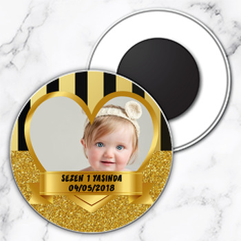 Gold Simli Kalp Çerçeve Temalı Resimli Daire Plastik Magnet