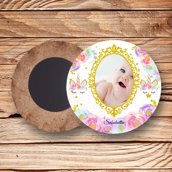 Gold Simli Unicorn Temalı Resimli Ahşap Daire Magnet