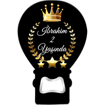 Gold Taç ile Defne Yaprakları Siyah Fon Temalı Balon Ahşap Magnet 