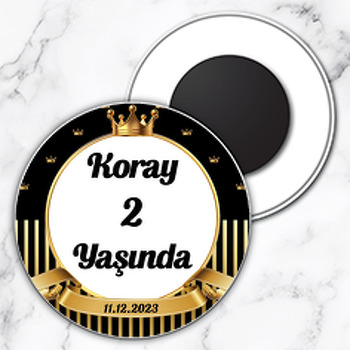Gold Taç Siyah Fon Temalı Daire Plastik Doğum Günü Magnet