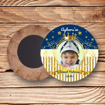 Gold Taçlı Çerçeve ile Simli Yıldız Lacivert Fonda Temalı Daire Ahşap Magnet
