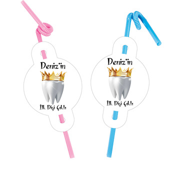 Gold Taçlı Diş Temalı Pipet ve Kartı