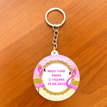 Gold Taçlı Pembe Flamingo Temalı Daire Plastik Anahtarlık
