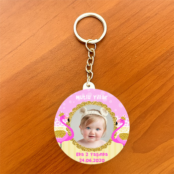 Gold Taçlı Pembe Flamingo Temalı Resimli Daire Plastik Anahtarlık