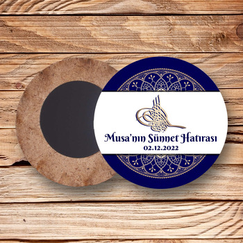 Gold Tuğra ile Lacivert Geleneksel Desenli Fon Temalı Daire Ahşap Magnet