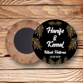Gold Yapraklar ile Siyah Fon Temalı Daire Ahşap Magnet