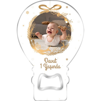 Gold Yılbaşı Süsü ile Beyaz Fon Temalı Balon Ahşap Magnet 