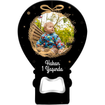 Gold Yılbaşı Süsü ile Siyah Fon Temalı Balon Ahşap Magnet 