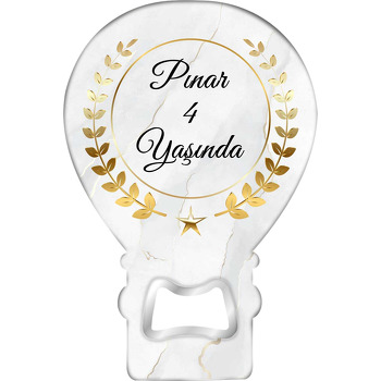 Gold Yıldız ile Defne Yaprağı Beyaz Fon Temalı Balon Ahşap Magnet 