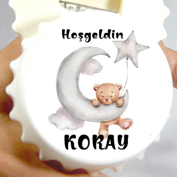Gri Ay ve Yıldız ile Ayıcık Temalı Kapak Şekilli Magnet Açacak