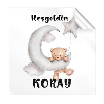Gri Ay ve Yıldız ile Ayıcık Temalı Kare Yapışkanlı Sticker