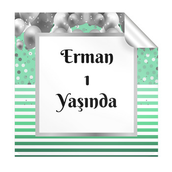 Gri Balonlar ve Yeşil Çizgiler Temalı Kare Etiket