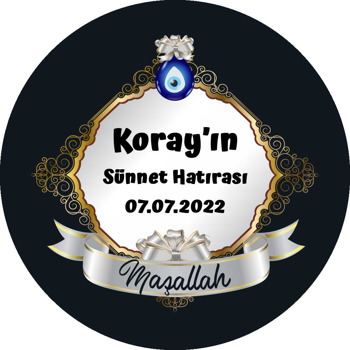 Gri Kurdele ile Nazar Boncuklu Çerçeve ve Sünnet Temalı Akrilik Daire Magnet