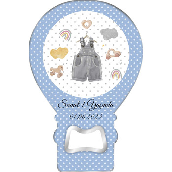 Gri Tulum ile Mavi Beyaz Puantiye Fon Temalı Balon Ahşap Magnet 