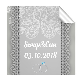 Gri Zeminli ve Yüzük Desenli Söz Nişan Nikah Kare Etiket