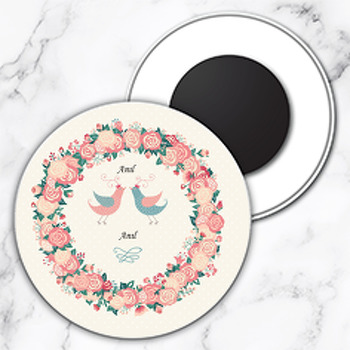 Gül Çerçeveli Kuş Temalı Söz Nişan Nikah Daire Plastik Magnet
