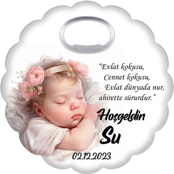 Gül Taçlı Kıvırcık Saçlı Kız Bebek Temalı Çiçek Şekilli Magnet Açacak